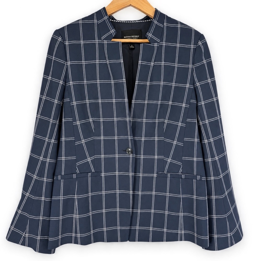 Banana Republic Women 8 Blazer Window Pane Plaid Collarless 1 Button Career